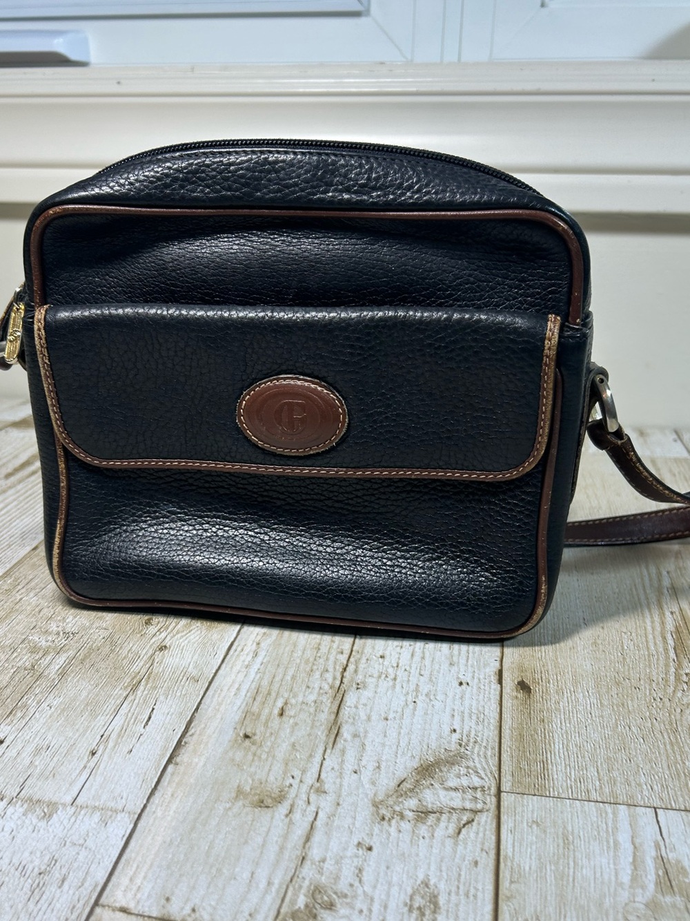 Classic Italian Made Black Leather Crossbody Bag with Brown Trim